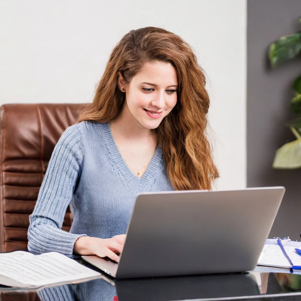 Young woman engaged in online learning for medical billing and coding, in a home study envi